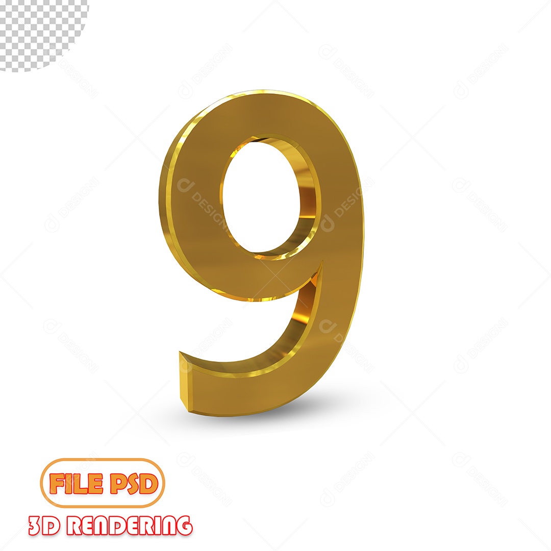 Número 9 3D Dourado Luxuoso Elemento para Composição PSD