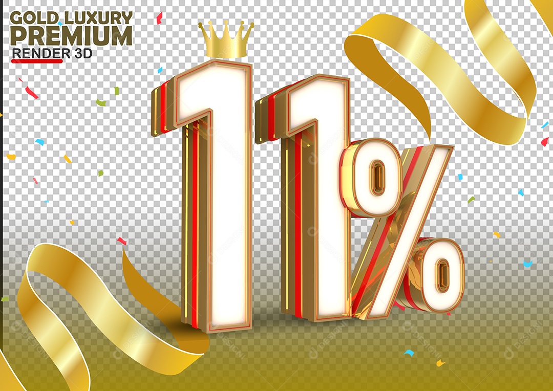 Número 11% de Desconto Elemento 3D Branco Dourado e Vermelho Para Composição PSD