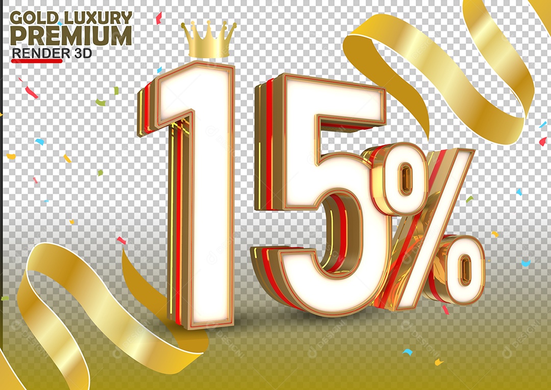 Número 15% de Desconto Elemento 3D Branco Dourado e Vermelho Para Composição PSD