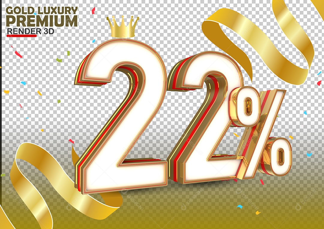 Número 22% de Desconto Elemento 3D Branco Dourado e Vermelho Para Composição PSD