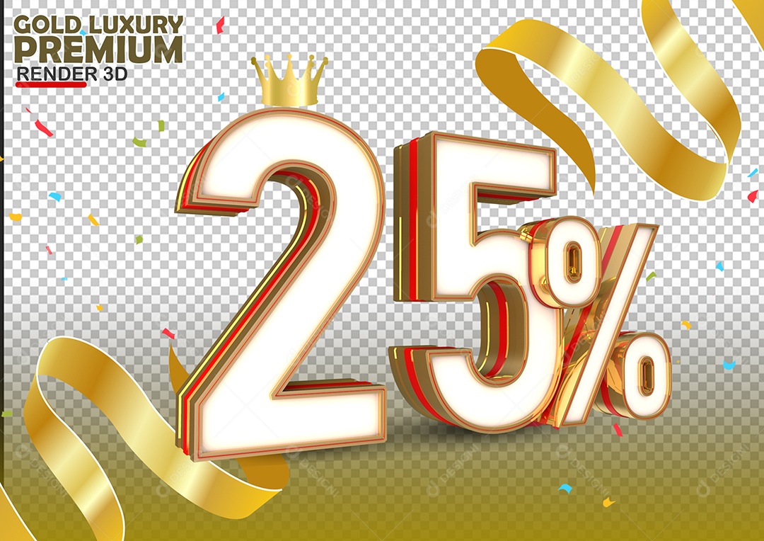 Número 25% de Desconto Elemento 3D Branco Dourado e Vermelho Para Composição PSD