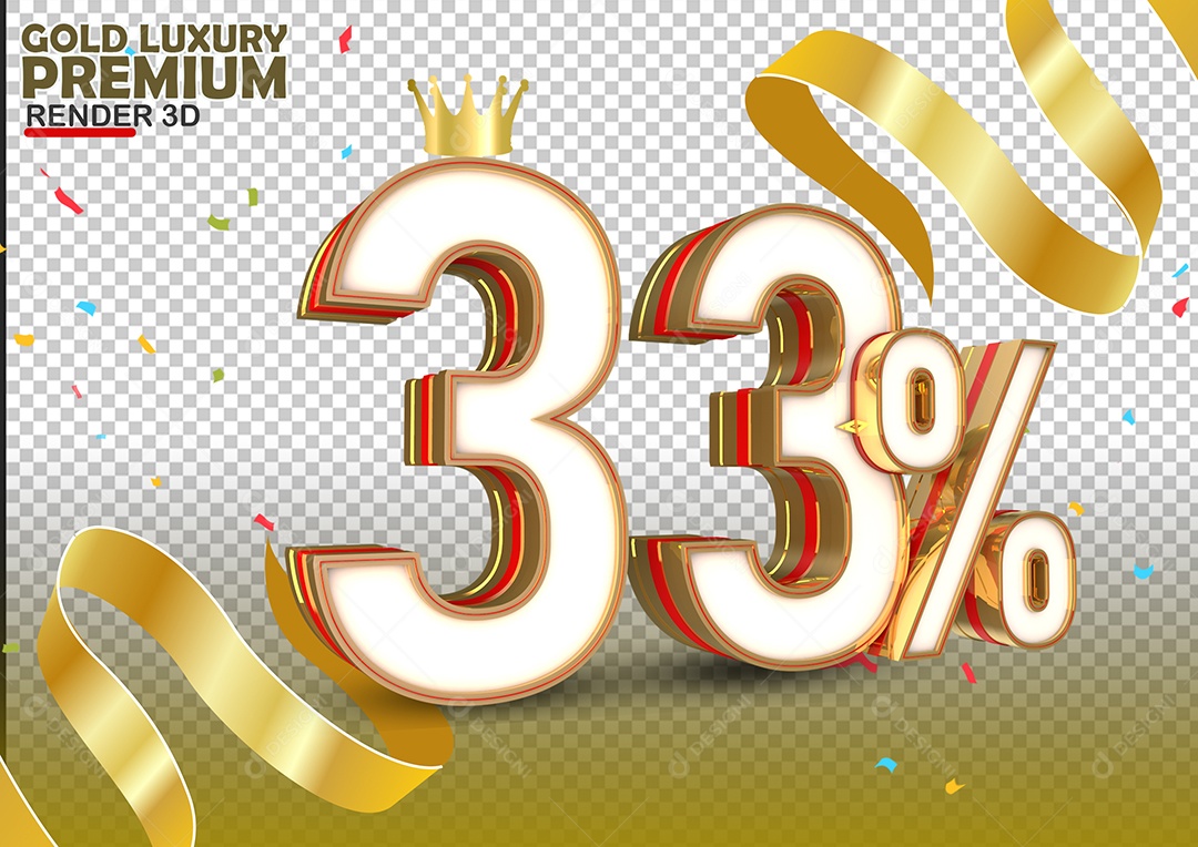 Number 33% Off White Gold and Red 3D Element For PSD Composition