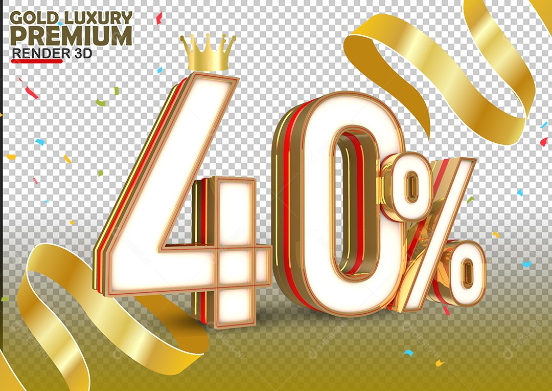 Número 40% de Desconto Elemento 3D Branco Dourado e Vermelho Para Composição PSD