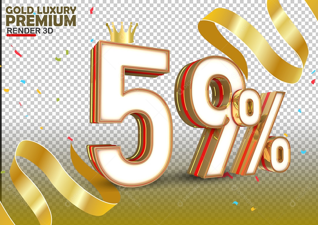 Número 59% de Desconto Elemento 3D Branco Dourado e Vermelho Para Composição PSD
