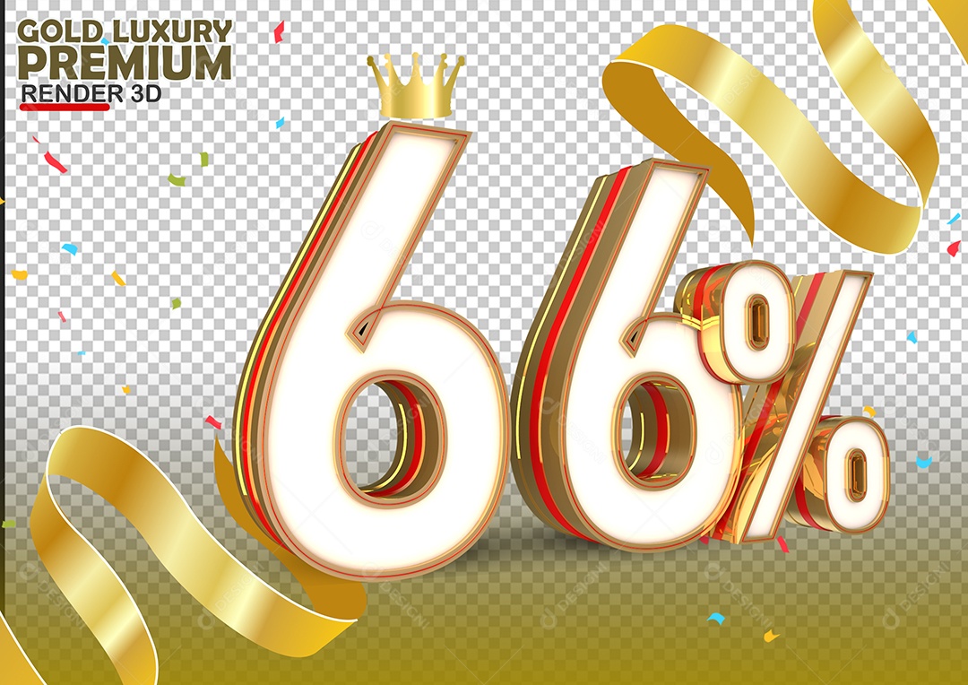 Número 66% de Desconto Elemento 3D Branco Dourado e Vermelho Para Composição PSD