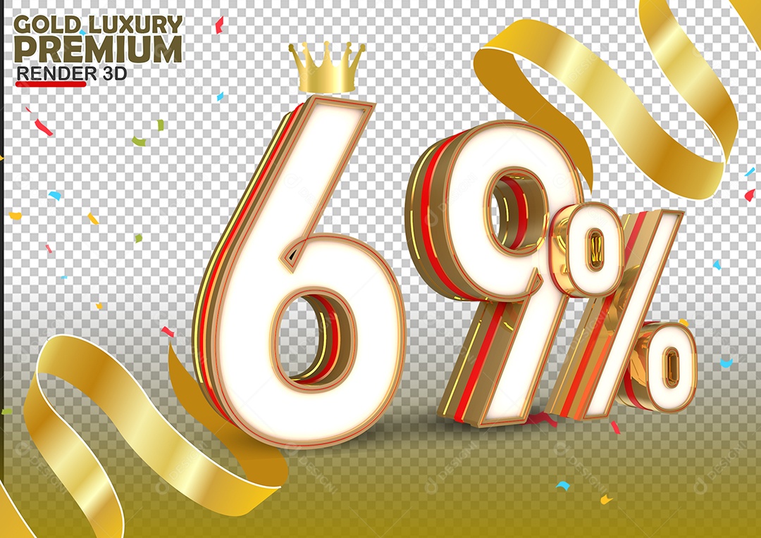 Número 69% de Desconto Elemento 3D Branco Dourado e Vermelho Para Composição PSD