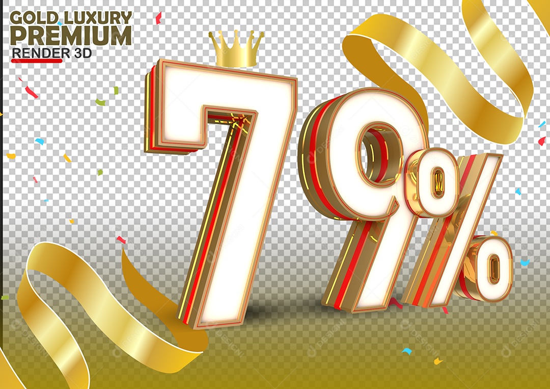 Número 79% de Desconto Elemento 3D Branco Dourado e Vermelho Para Composição PSD