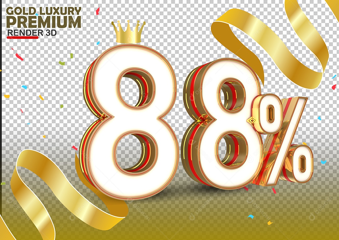 Número 88% de Desconto Elemento 3D Branco Dourado e Vermelho Para Composição PSD