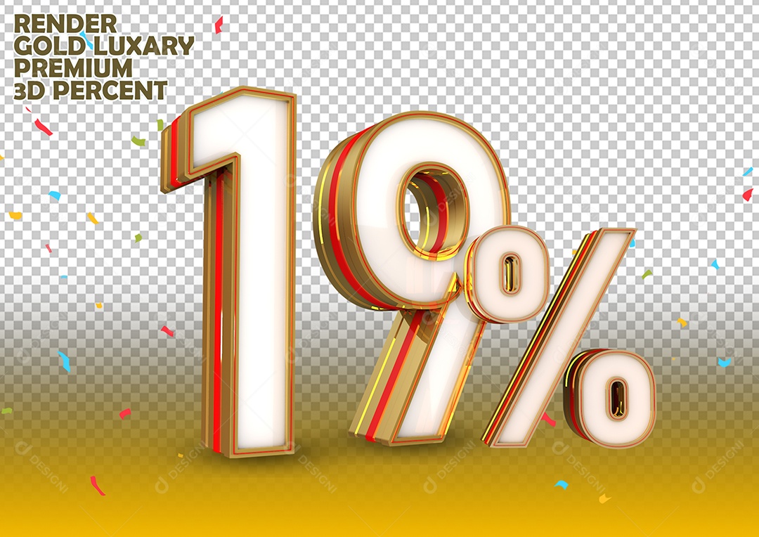 Número 19% de Desconto Elemento 3D Branco Dourado e Vermelho Para Composição PSD