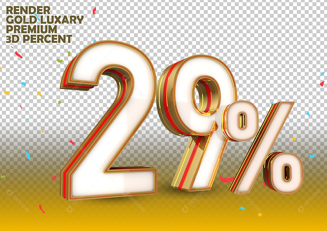 Número 29% de Desconto Elemento 3D Branco Dourado e Vermelho Para Composição PSD