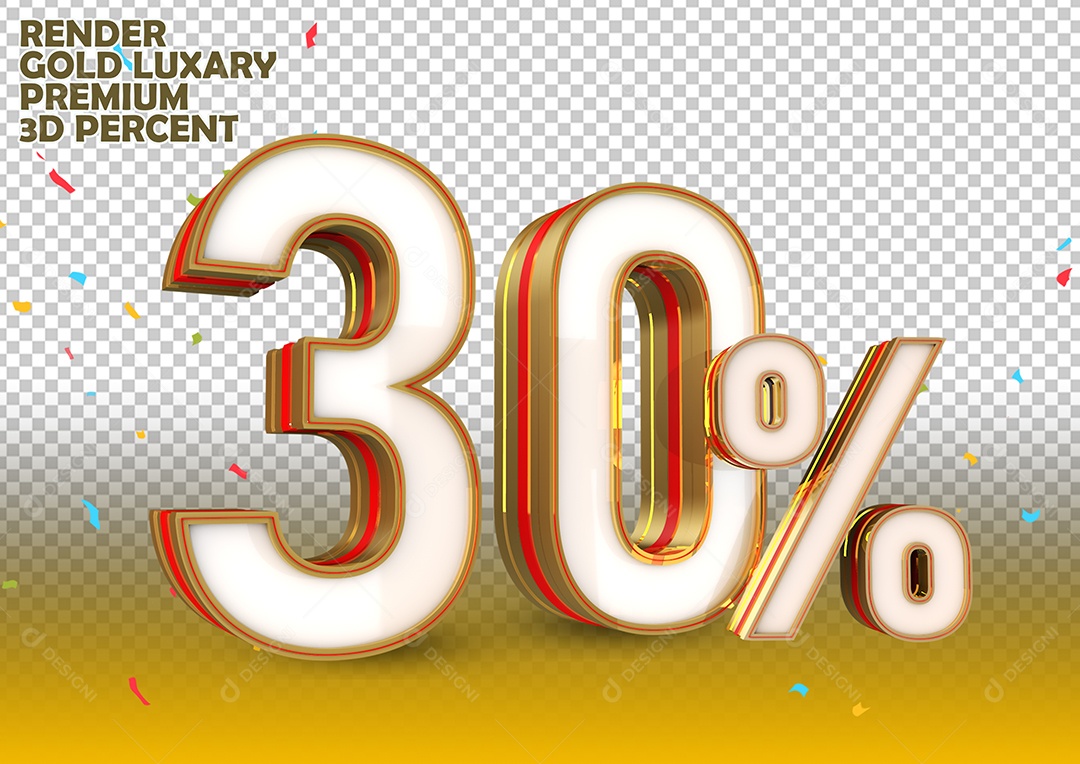 Número 30% de Desconto Elemento 3D Branco Dourado e Vermelho Para Composição PSD