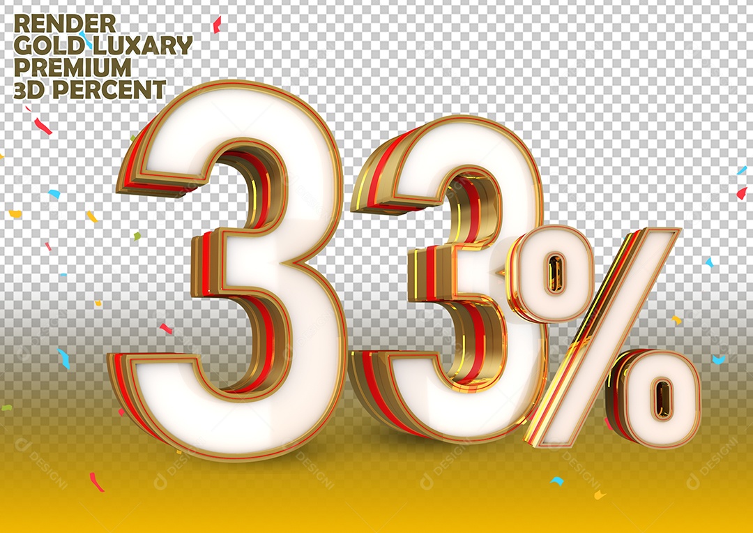 Número 33% de Desconto Elemento 3D Branco Dourado e Vermelho Para Composição PSD