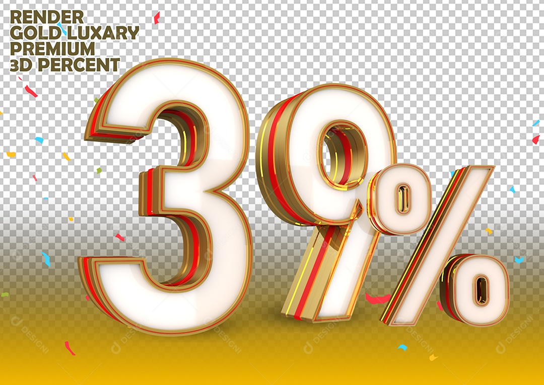 Número 39% de Desconto Elemento 3D Branco Dourado e Vermelho Para Composição PSD