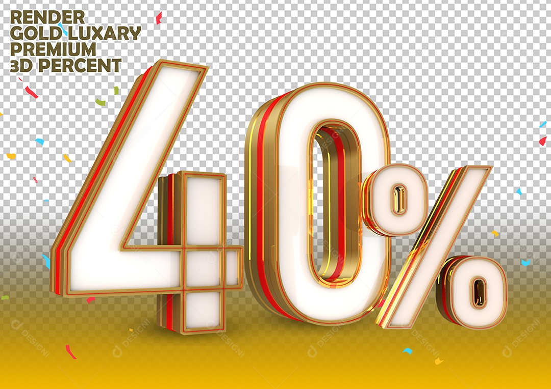 Número 40% de Desconto Elemento 3D Branco Dourado e Vermelho Para Composição PSD