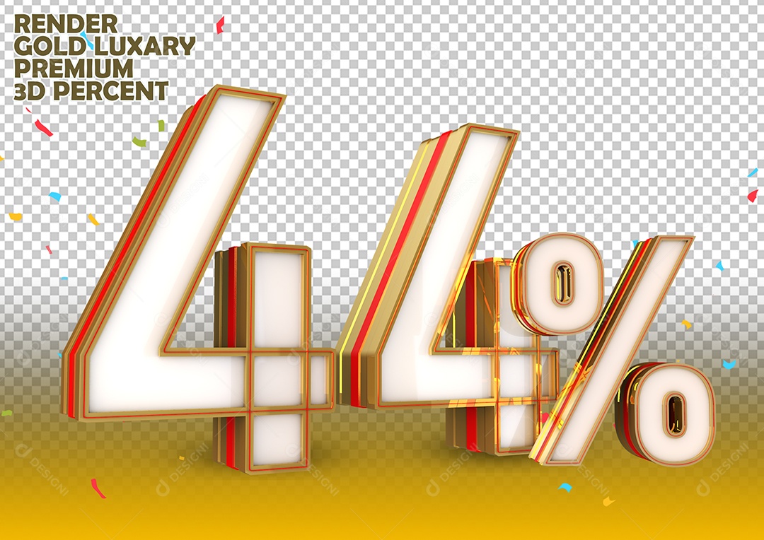 Número 44% de Desconto Elemento 3D Branco Dourado e Vermelho Para Composição PSD