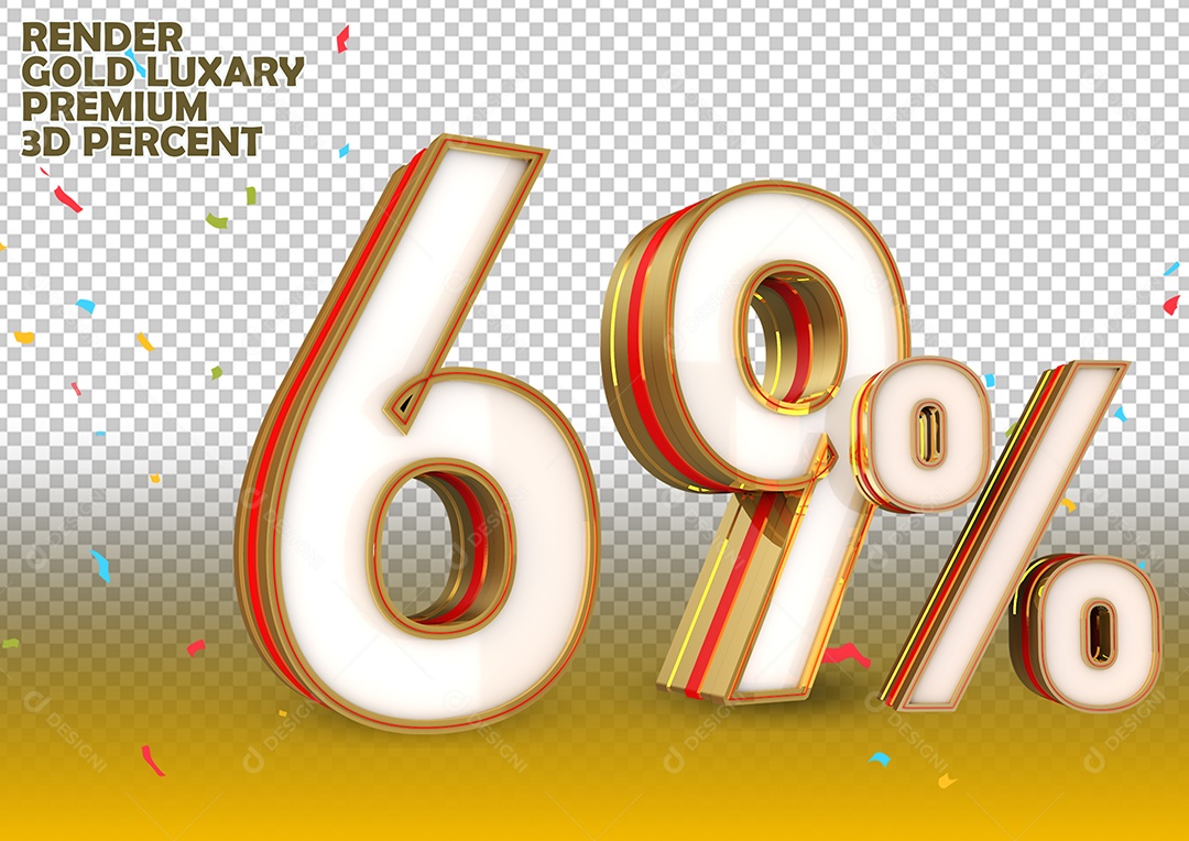 Número 69% de Desconto Elemento 3D Branco Dourado e Vermelho Para Composição PSD