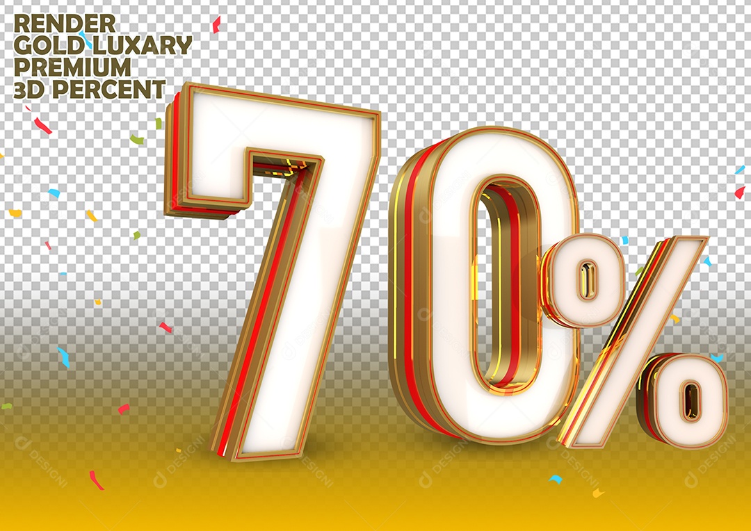 Número 70%  de Desconto Elemento 3D Branco Dourado e Vermelho Para Composição PSD