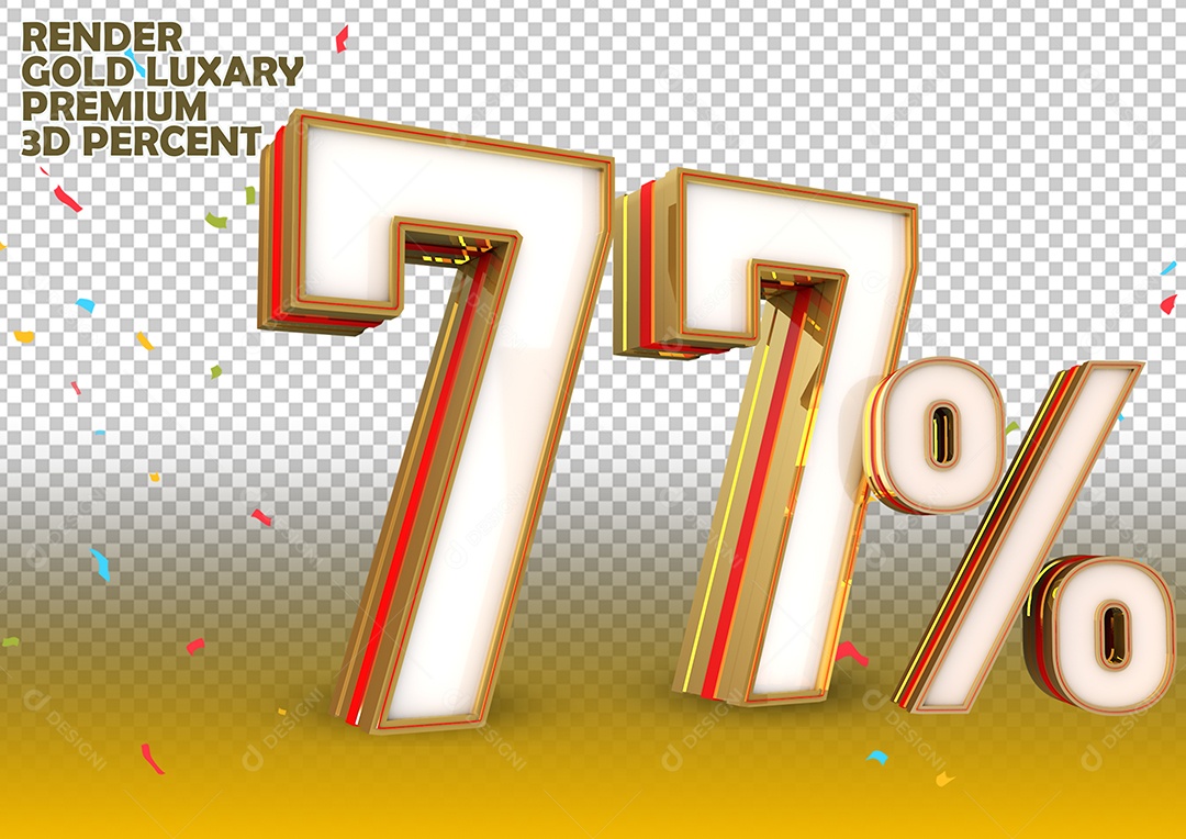 Número 77%  de Desconto Elemento 3D Branco Dourado e Vermelho Para Composição PSD