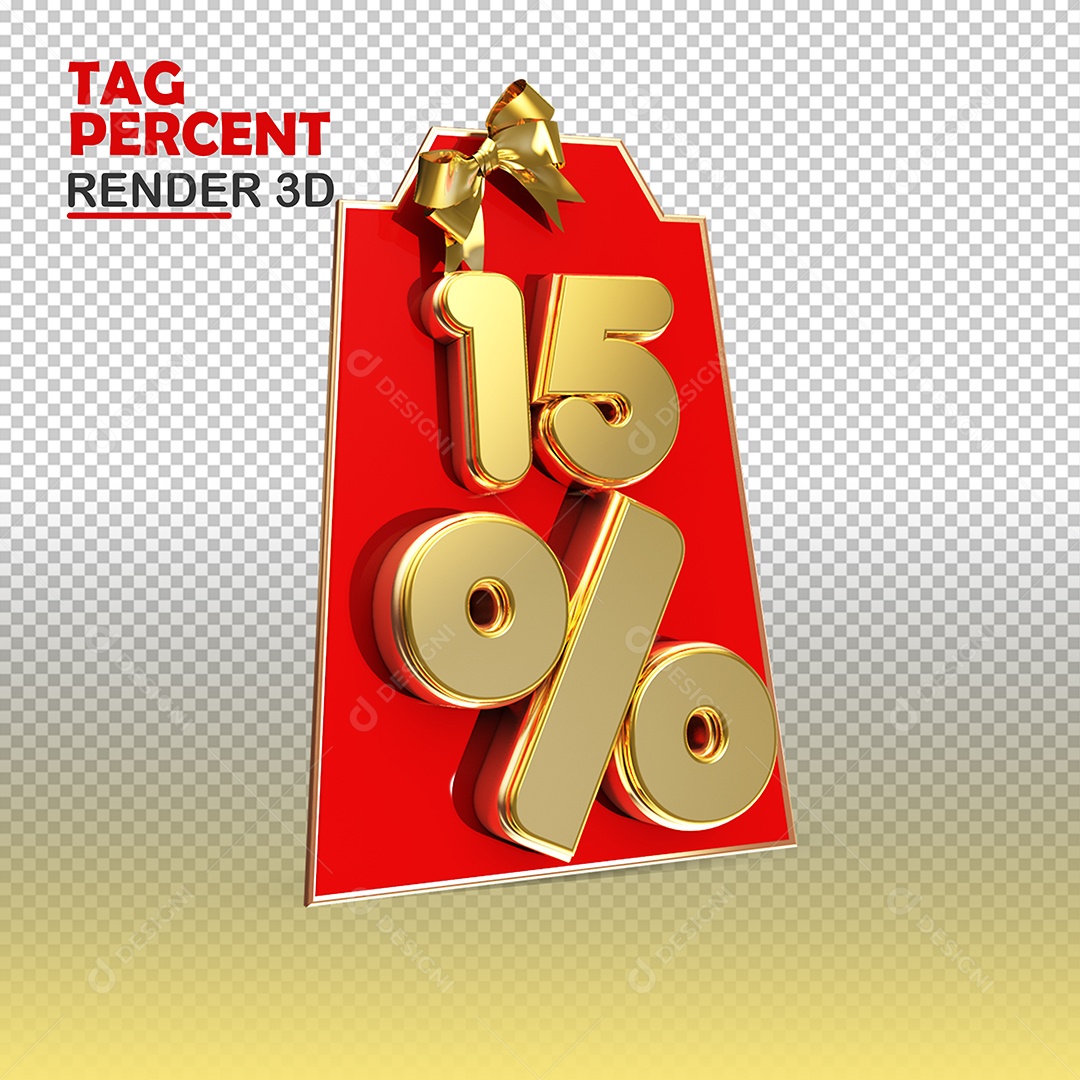 Tag de Compra 15% de Desconto Elemento 3D Vermelho e Ouro para Composição PSD