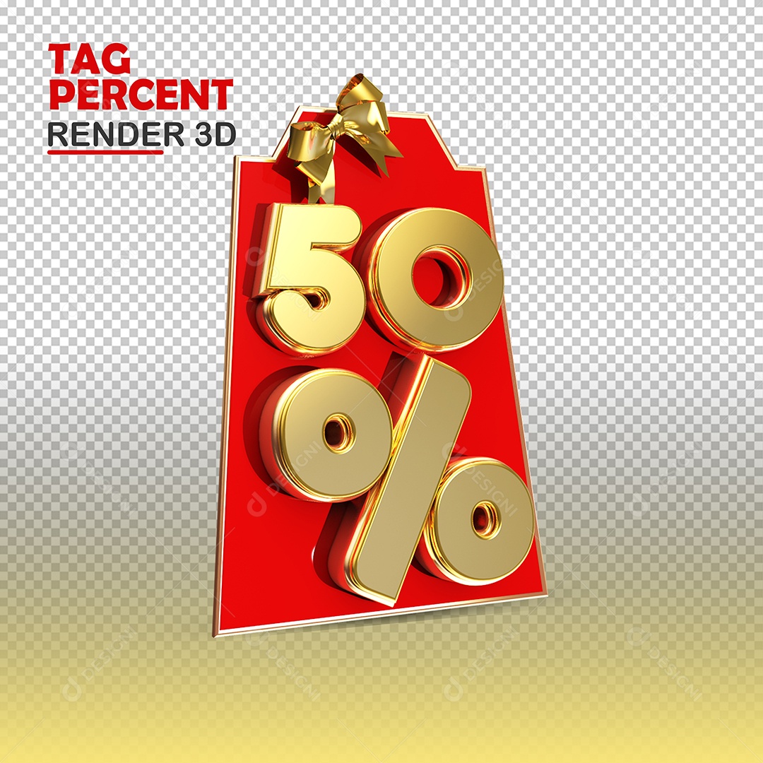 Tag de Compra 50% de Desconto Elemento 3D Vermelho e Ouro para Composição PSD