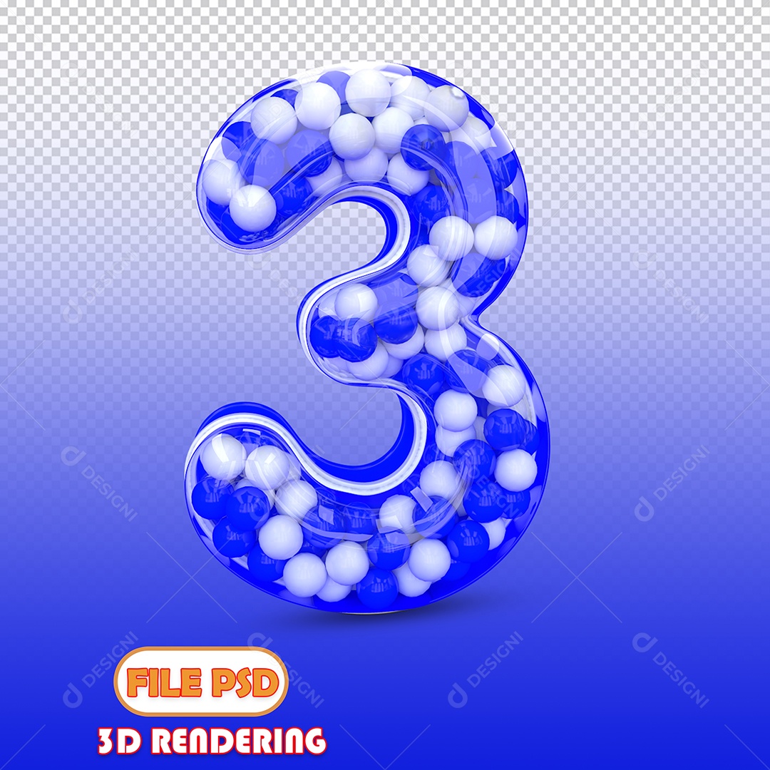 Número 3 Com Bolinhas Azul e Branca para Facebook Elemento 3D para Composição PSD