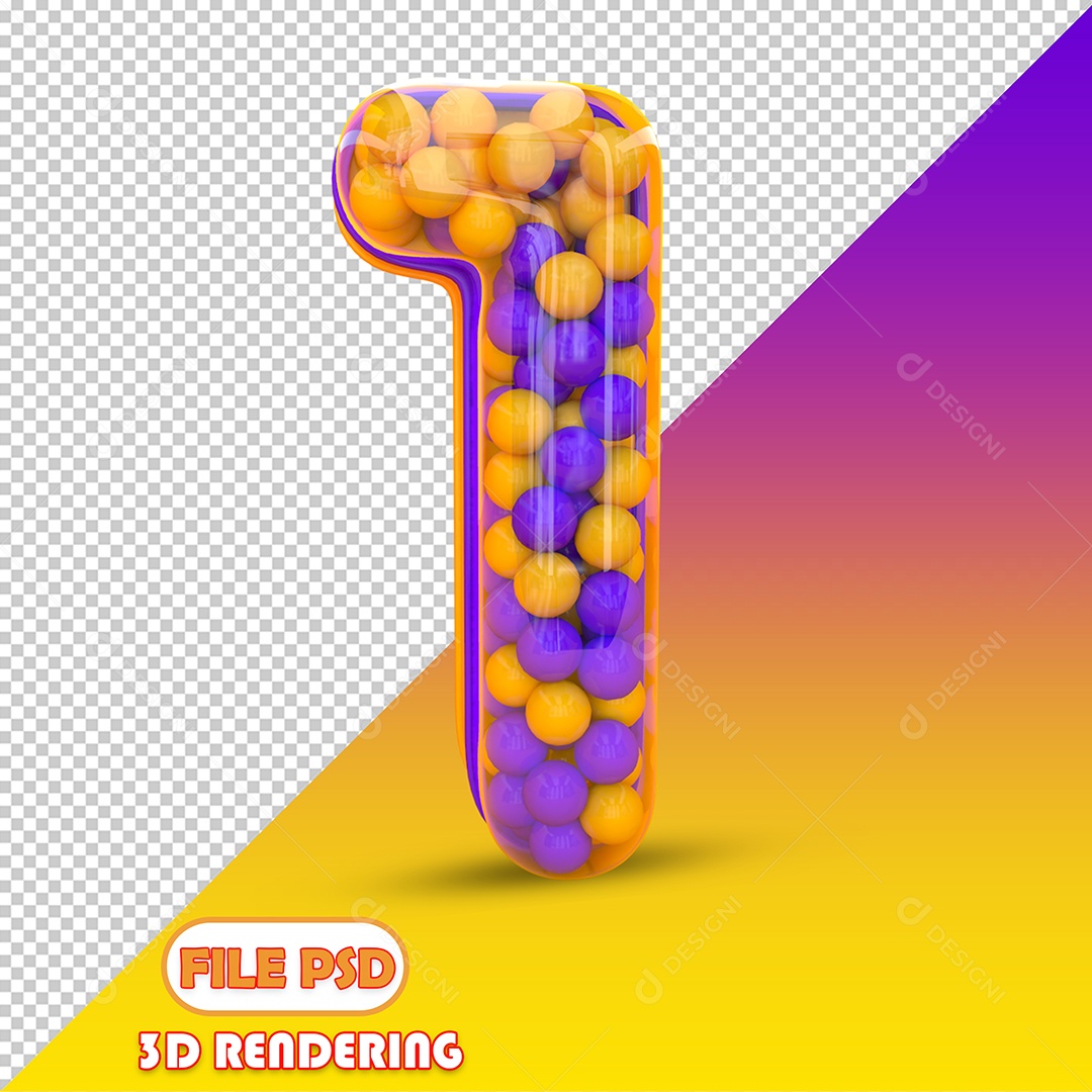 Número 1 Com Bolinhas Coloridas Roxa e Laranja Elemento 3D para Composição PSD