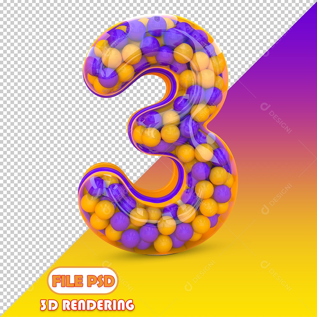 Número 3 Com Bolinhas Coloridas Roxa e Laranja Elemento 3D para Composição PSD