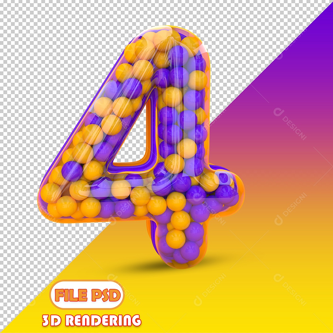 Número 4 Com Bolinhas Coloridas Roxa e Laranja Elemento 3D para Composição PSD