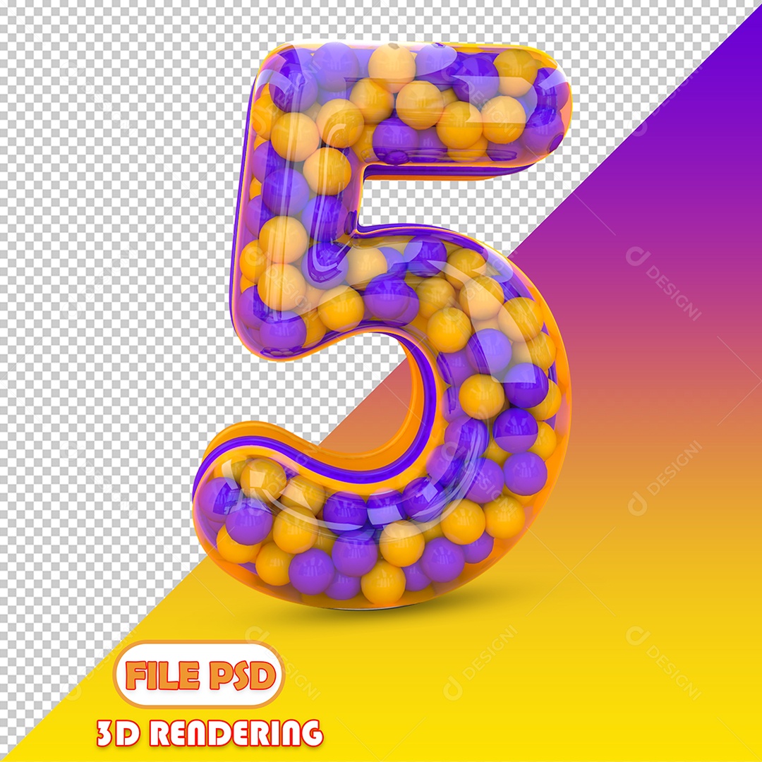Número 5 Com Bolinhas Coloridas Roxa e Laranja Elemento 3D para Composição PSD