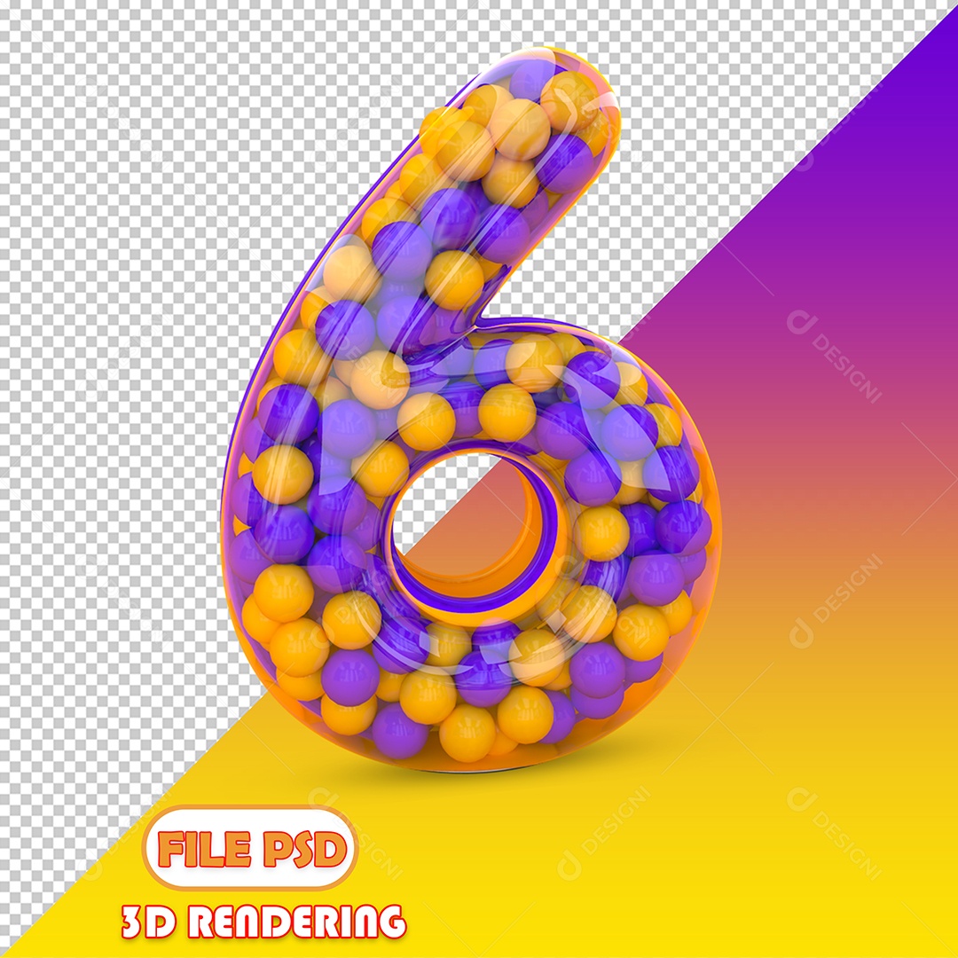 Número 6 Com Bolinhas Coloridas Roxa e Laranja Elemento 3D para Composição PSD