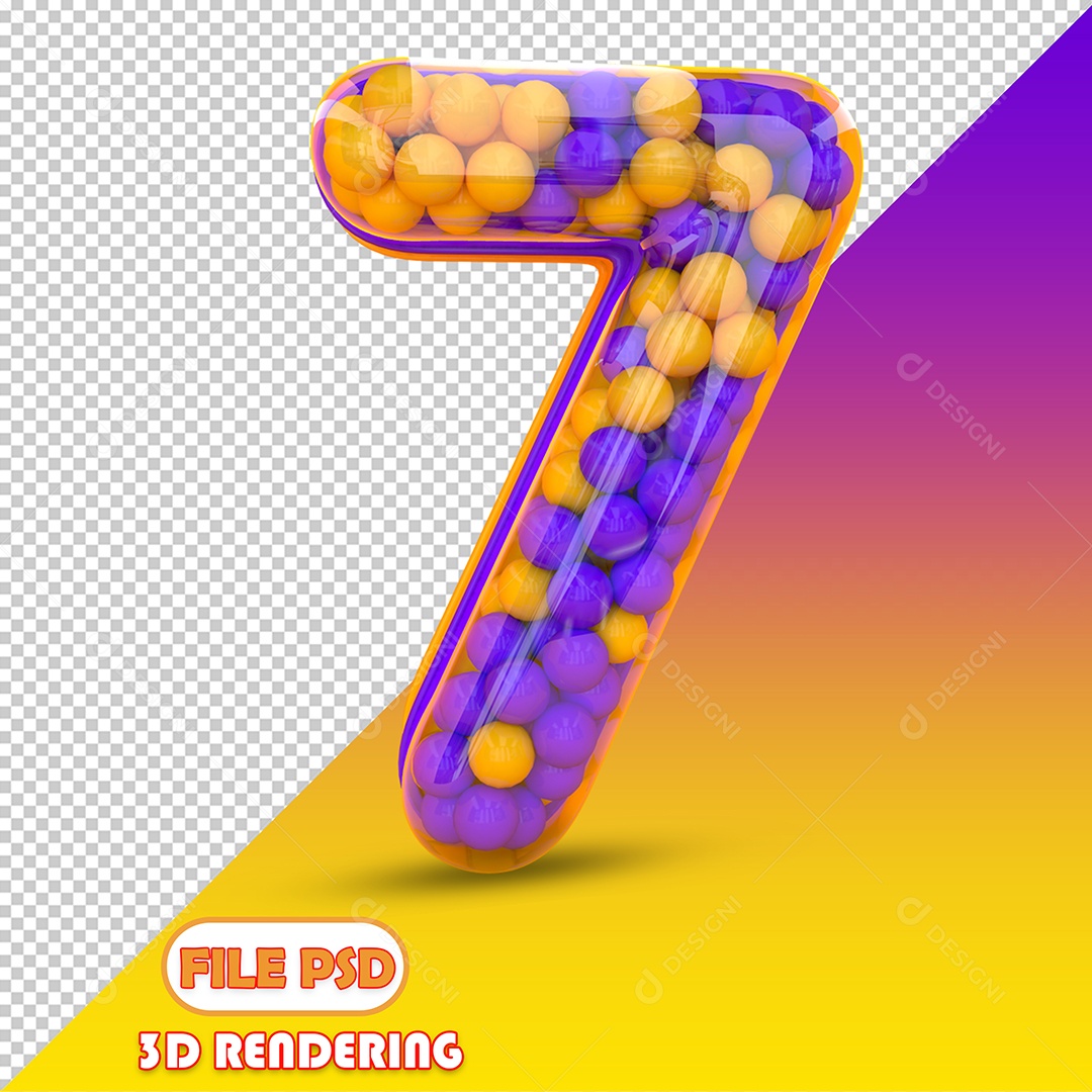 Número 7 Com Bolinhas Coloridas Roxa e Laranja Elemento 3D para Composição PSD