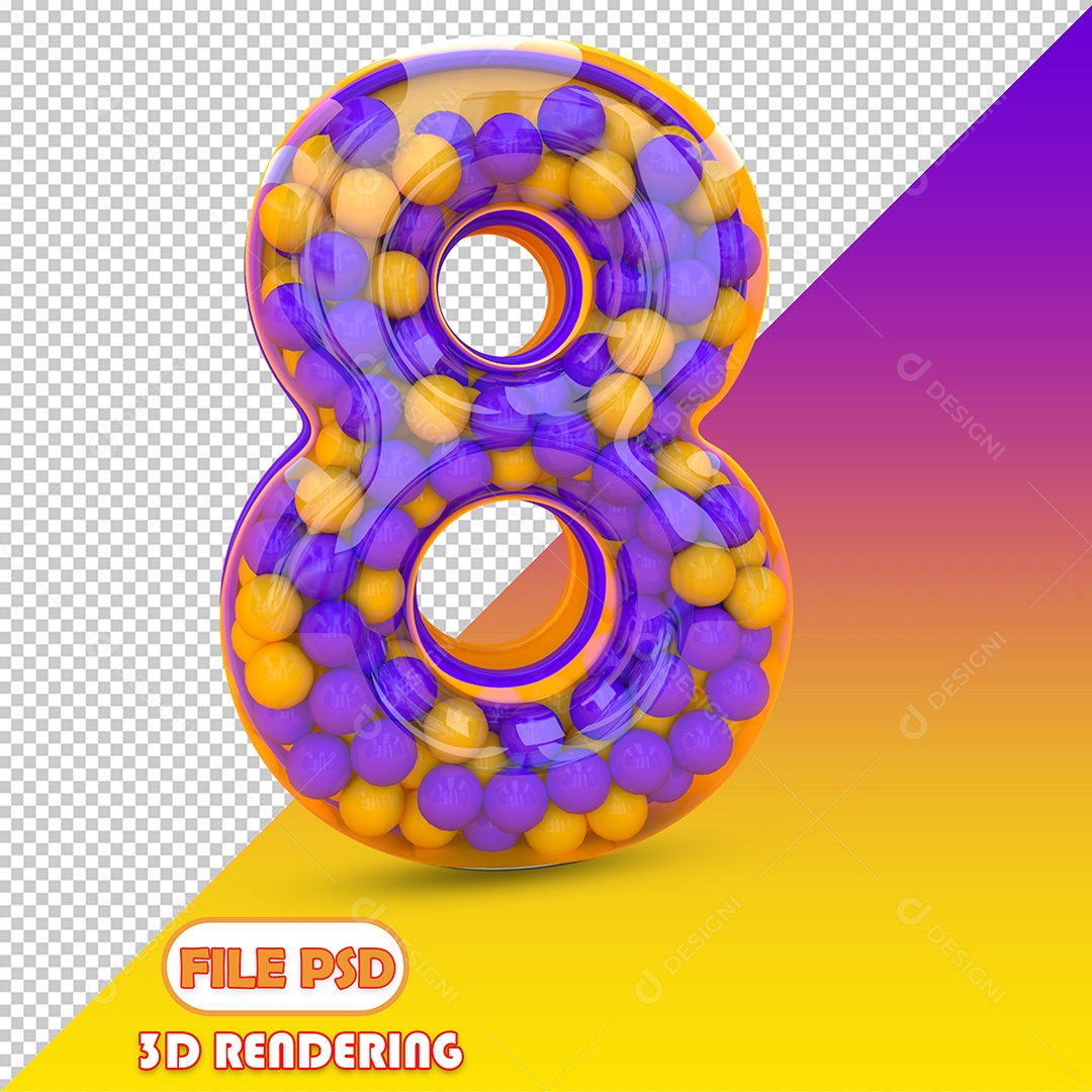 Número 8 Com Bolinhas Coloridas Roxa e Laranja Elemento 3D para Composição PSD