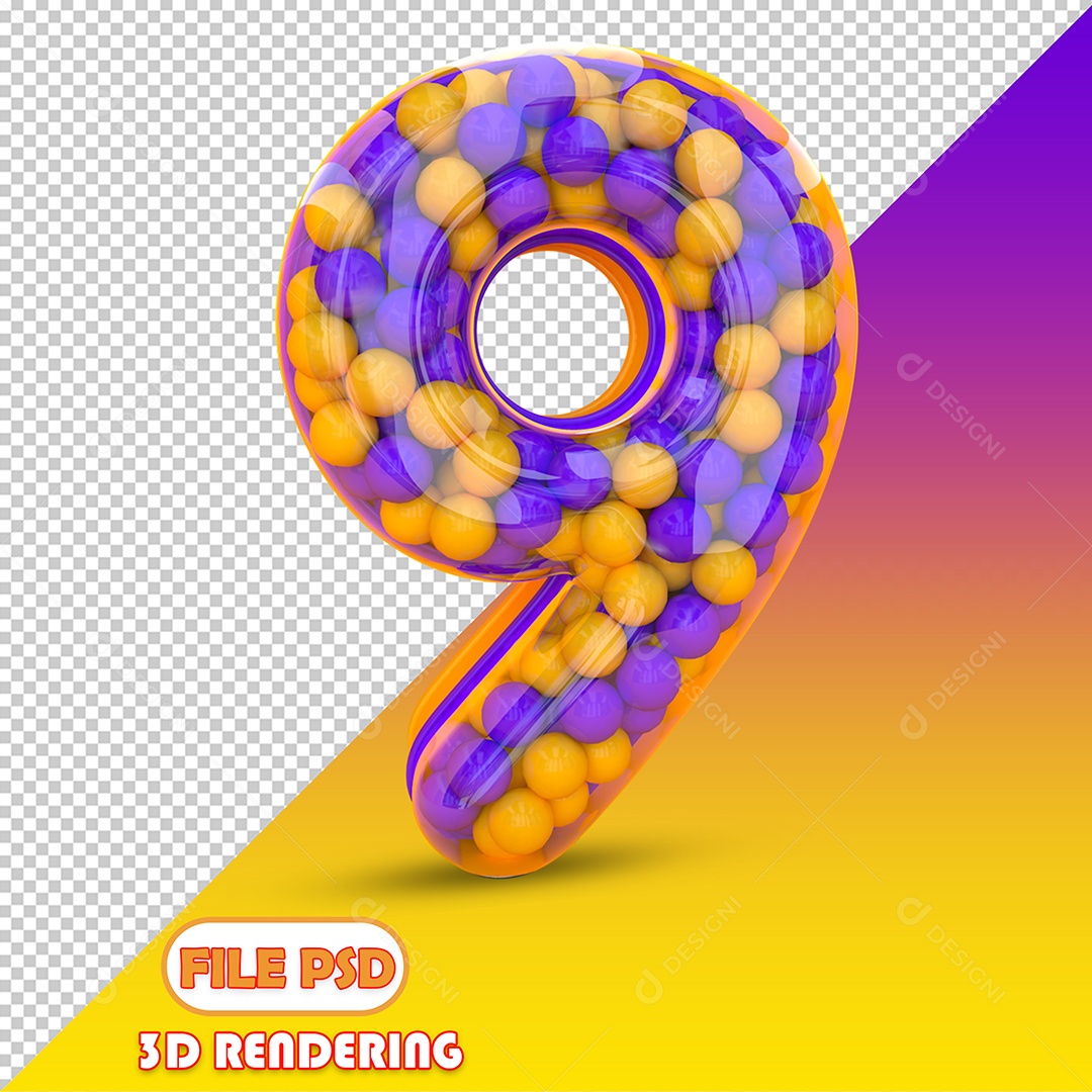 Número 9 Com Bolinhas Coloridas Roxa e Laranja Elemento 3D para Composição PSD