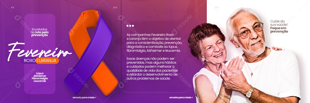 Carrossel Fevereiro Roxo e Laranja Mês de Conscientização Lúpus, Alzheimer, Fibromialgia e Leucemia Social Media PSD Editável