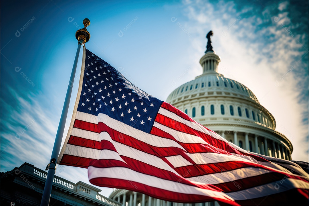 Bandeira americana voando para a celebração do Dia do Presidente dos EUA com o edifício do Capitólio