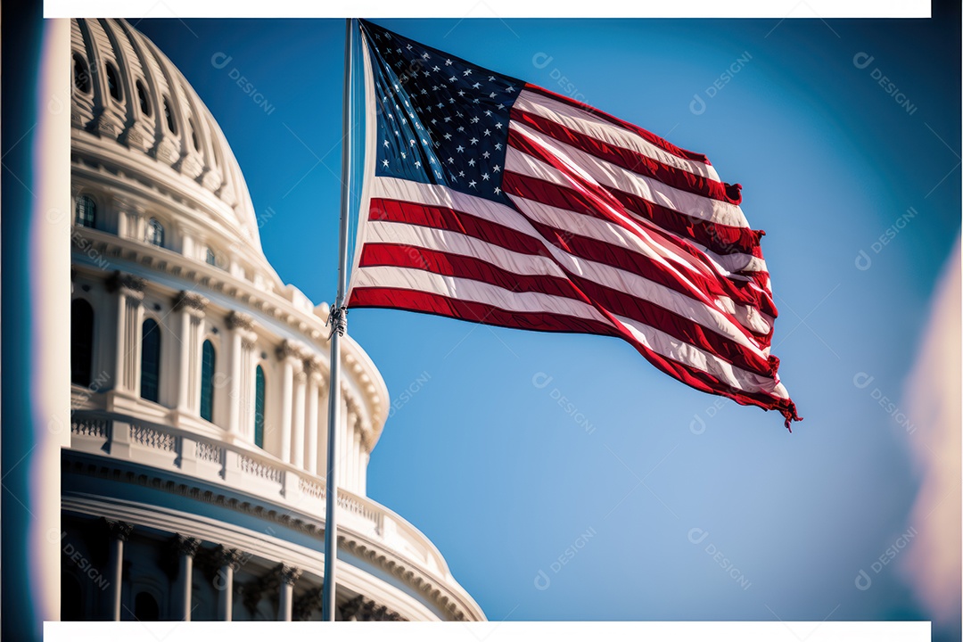 Bandeira americana voando para a celebração do Dia do Presidente dos EUA com o edifício do Capitólio