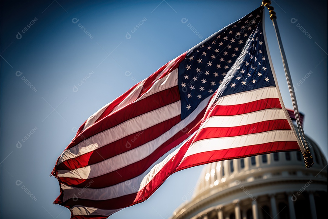 Bandeira americana voando para a celebração do Dia do Presidente dos EUA com o edifício do Capitólio