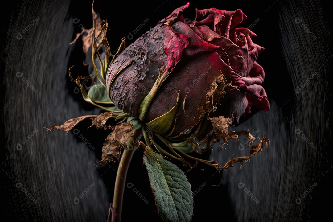 Rosa vermelha triste seca e envelhecida com o tempo e detalhes para fundo romântico