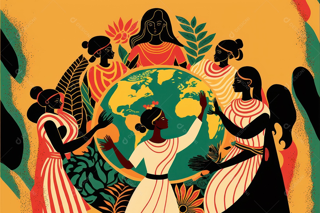 Ilustração de mulher em campo de flores em comemoração ao Dia Internacional da Mulher. Banner, cartaz, cartão de felicitações