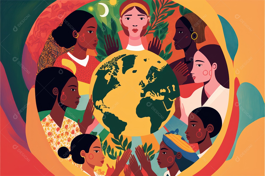 Ilustração de mulher em campo de flores em comemoração ao Dia Internacional da Mulher. Banner, cartaz, cartão de felicitações