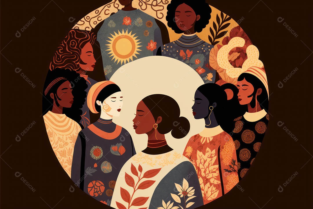 Ilustração de mulher em campo de flores em comemoração ao Dia Internacional da Mulher. Banner, cartaz, cartão de felicitações