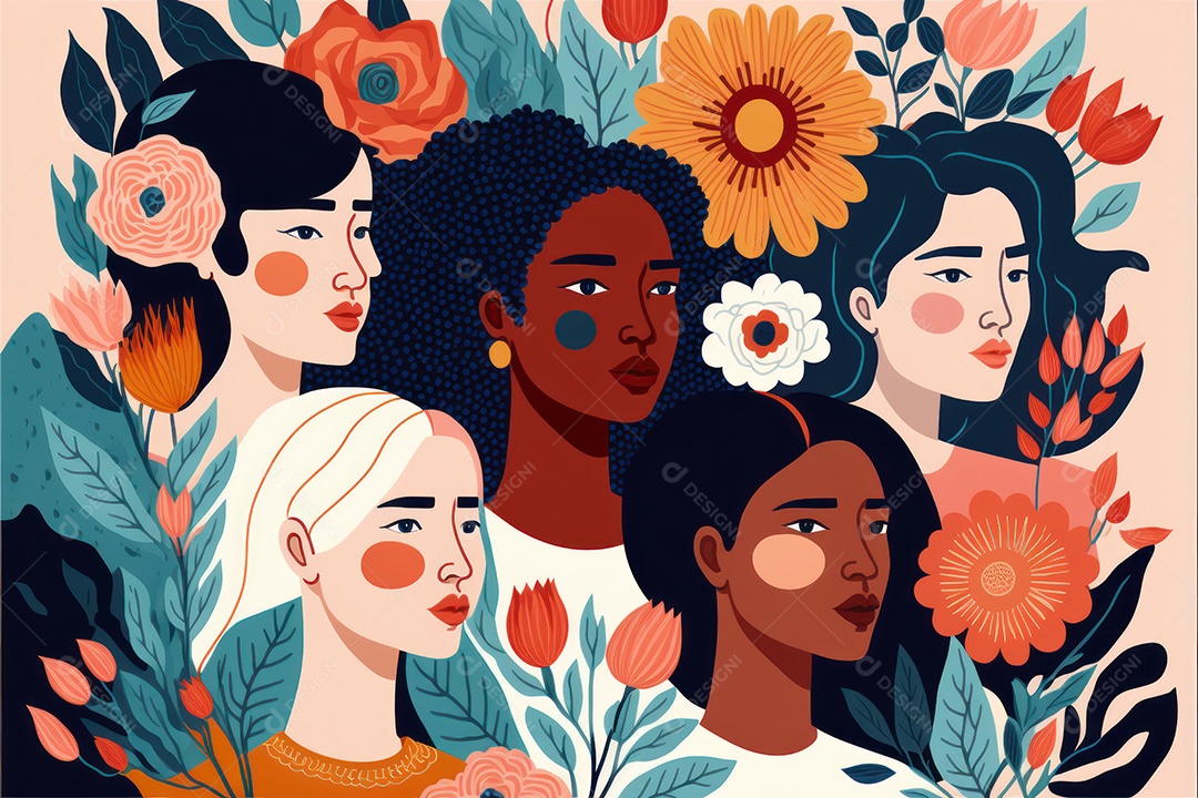 Ilustração de mulher em campo de flores em comemoração ao Dia Internacional da Mulher. Banner, cartaz, cartão de felicitações