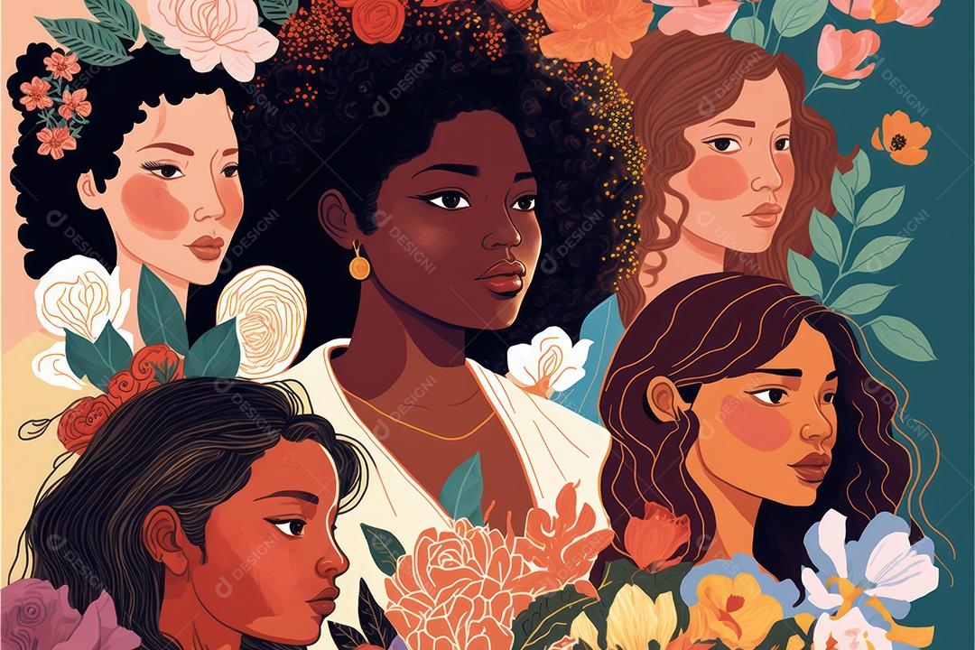 Ilustração de mulher em campo de flores em comemoração ao Dia Internacional da Mulher. Banner, cartaz, cartão de felicitações