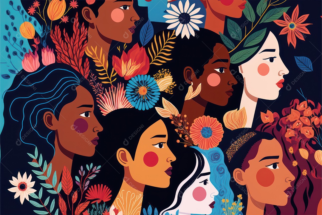 Ilustração de mulher em campo de flores em comemoração ao Dia Internacional da Mulher. Banner, cartaz, cartão de felicitações