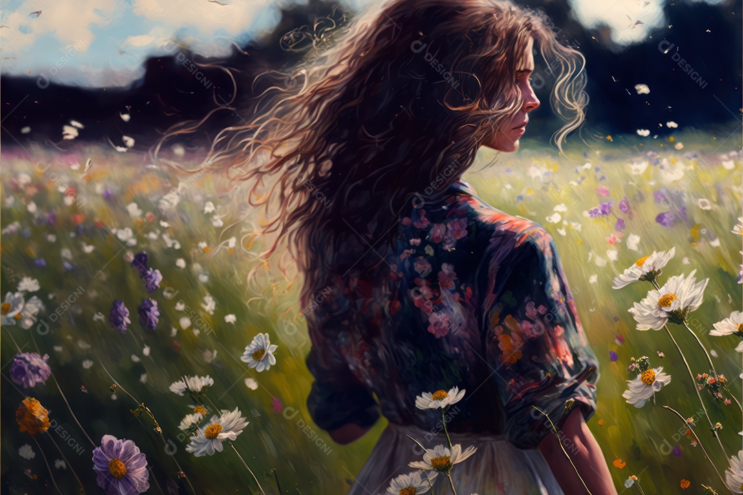 Ilustração de mulher em campo de flores em comemoração ao Dia Internacional da Mulher. Banner, cartaz, cartão de felicitações