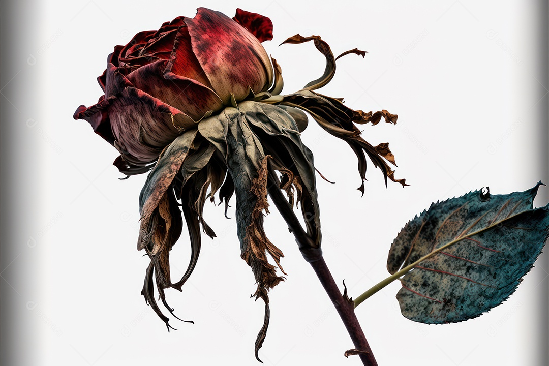 Rosa vermelha triste seca e envelhecida com o tempo e detalhes para fundo romântico