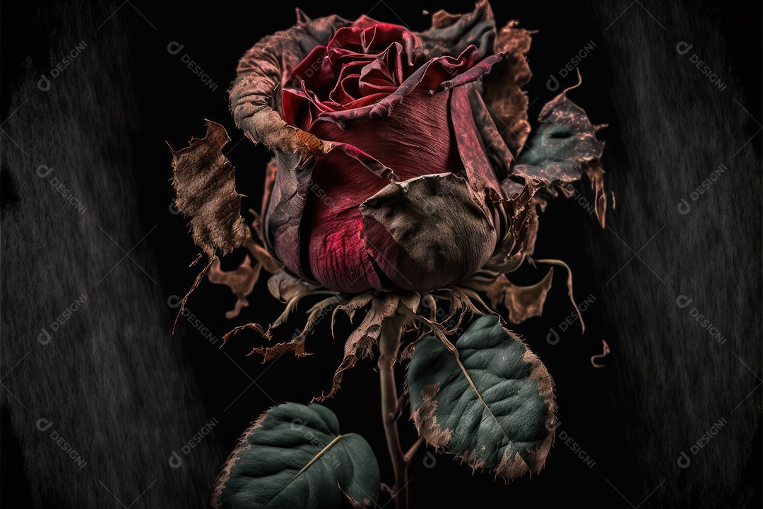 Rosa vermelha triste seca e envelhecida com o tempo e detalhes para fundo romântico