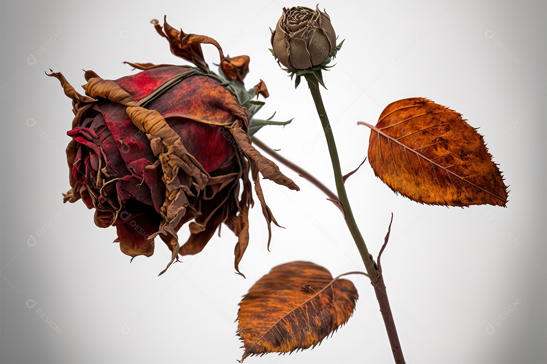 Rosa vermelha triste seca e envelhecida com o tempo e detalhes para fundo romântico