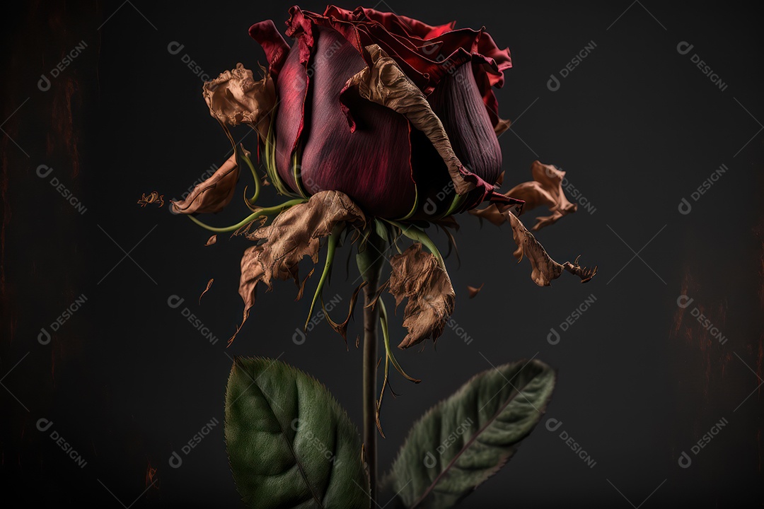 Rosa vermelha triste seca e envelhecida com o tempo e detalhes para fundo romântico