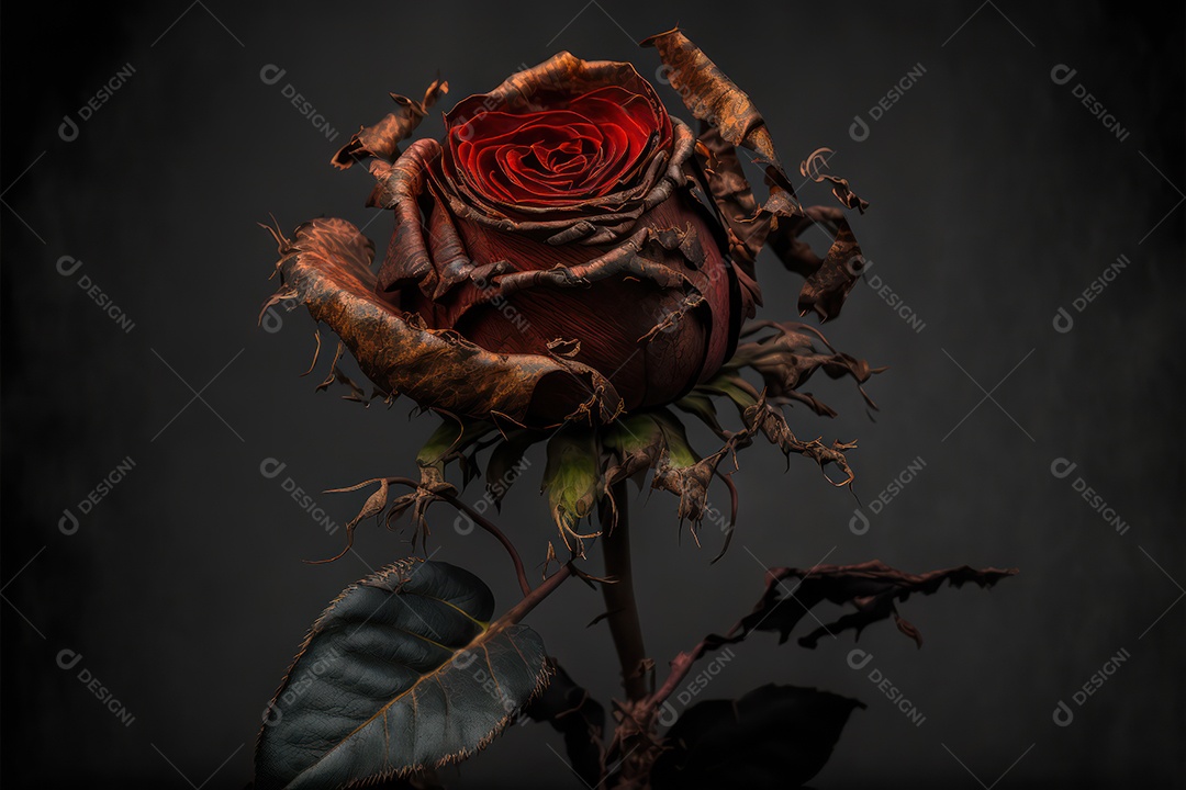 Rosa vermelha triste seca e envelhecida com o tempo e detalhes para fundo romântico
